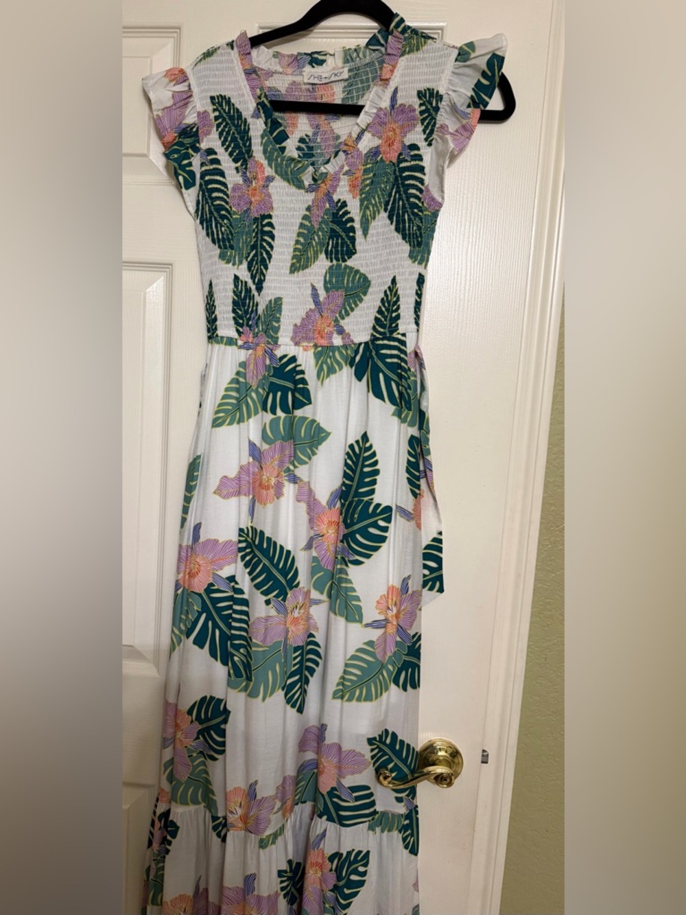 She + Sky White Maxi Dress with Green Leaf and Lavender Floral Print